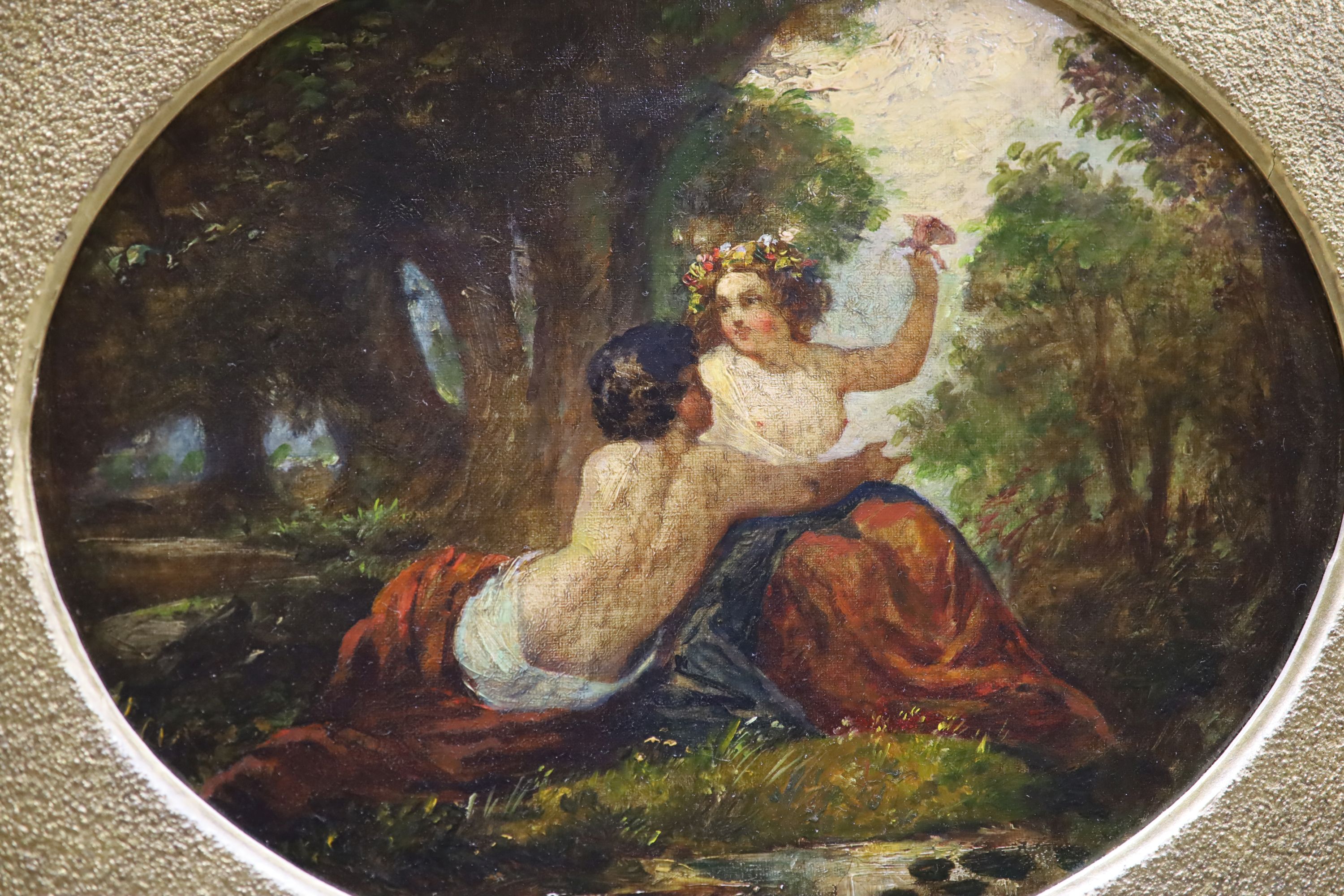 18th century French School, oil on canvas, French Nymphs in woodland, oval, 29 x 36.5cm